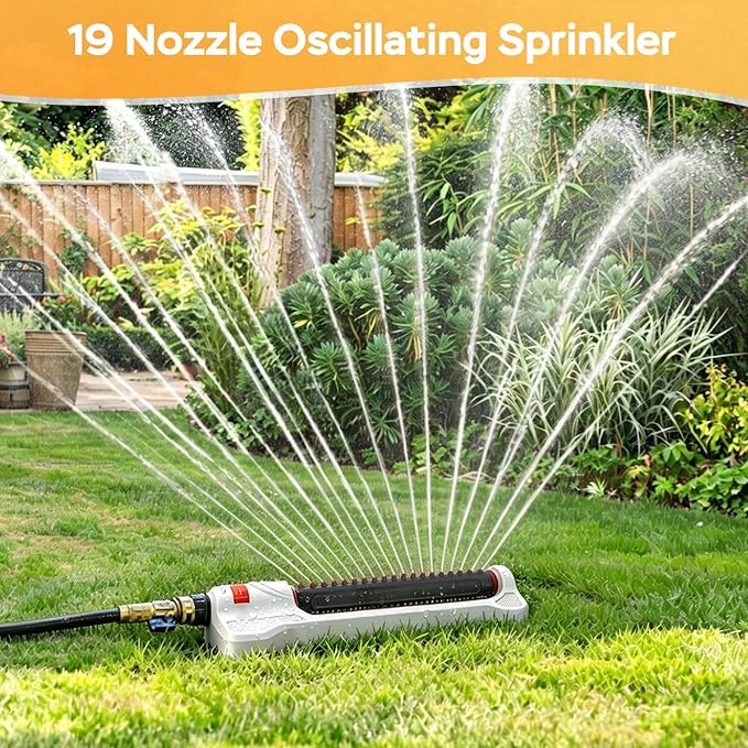 Lawn sprinklers for Yard, Lawn and Garden Covers Up to 3,200 sq. ft., Heavy Duty Metal Lawn Sprinkler with 19 Precision Nozzles, Adjustable Range Watering System with Independent Front & Back Control