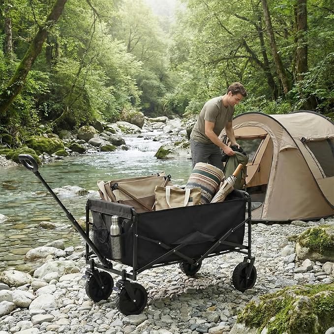 OLIXIS Collapsible Wagon 102L Standard Heavy Duty Utility Folding Wagon Cart with Lockable Brake Wheels – 330 lbs Weight Capacity, Flexible Handle for Beach, Grocery, Camping, Sports & Garden, Black