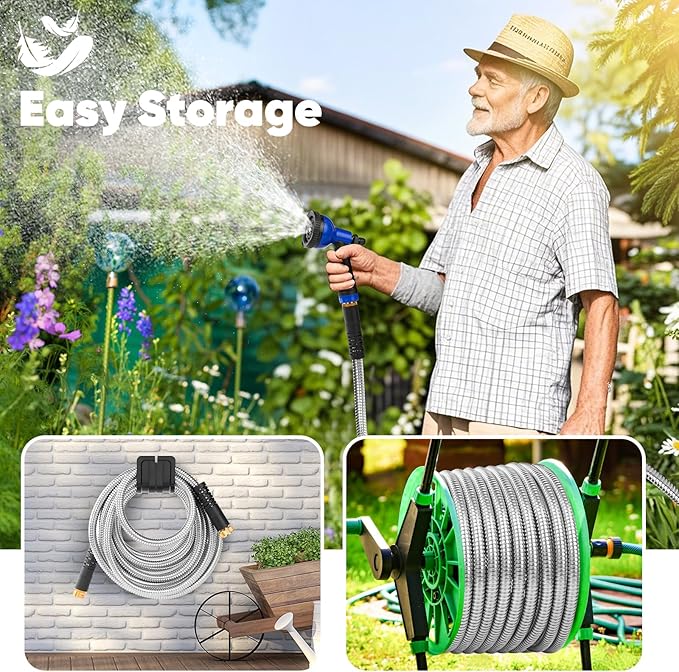 Garden Hose 100 ft, Stainless Steel Metal Hose, Flexible Water Hose with 10 Function Nozzle, Kink Free, Leak-Proof, Heavy Duty Hose for Yard, Outdoor, Lawn, RV, Car Wash and Camper Use (100FT)