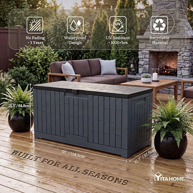 YITAHOME Large Deck Box 120 Gallon Resin Outdoor Storage Box with Slide-Locking Lid, Patio Storage Bin Bench Seat for Outdoor Pillows, Garden Tools and Pool Supplies, Waterproof Lockable, Dark Gray