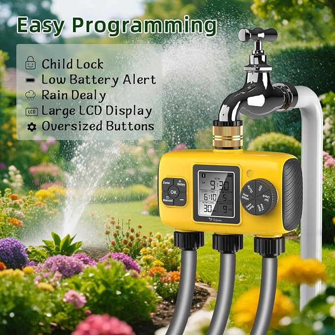 3 Zone Sprinkler Timer for Garden Hose,Garden Hose Timer with Brass Inlet,Programmable Automatic&Manual Irrigation System with LCD Display for Yard/Lawn/Pool,Rain Delay,IPX5 Waterproof