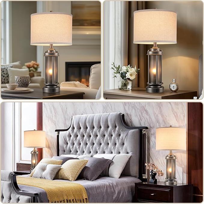 AIEAMPDO Set of 2 Farmhouse Bedroom Table Lamps with 2 USB C+A Ports | Rustic Vintage Design With Amber Glass Nightlight. Table Lamps For Living Room, End Table And Entryway, 4 Bulbs Included