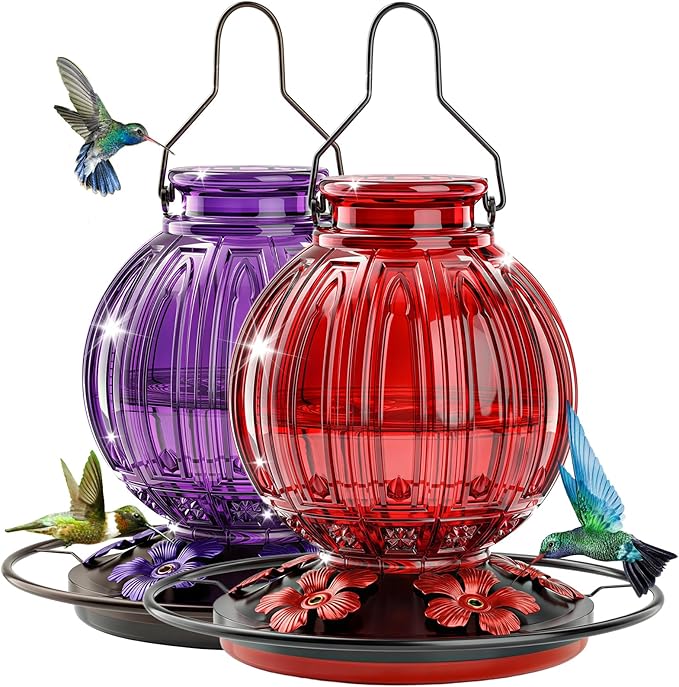 2 Pack Glass Hummingbird Feeder for Outdoors Hanging, Bird Nectar Feeder with Perch & 5 Flower Feeding Ports, 26 Oz Leak Proof for Outside Garden Decor Backyard, Gifts for Women Mom, Red + Purple