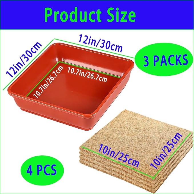 Microgreens Growing Trays Kit –3 Pack (12 x 12) in MicroGreen Grow Trays with 4 Hemp Fiber Grow Mats, 10 x 10 x 1.8 Inch Seed Starter Trays for Growing Microgreens, Indoor Gardening
