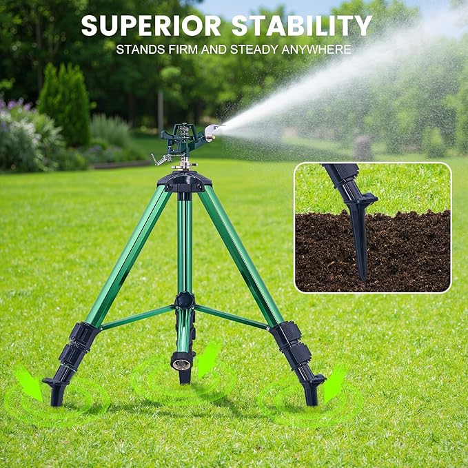Sprinklers for Yard, 2026 Heavy-Duty Lawn Sprinkler Impact Sprinkler on Spike Tripod Base with 360° Large Area Irrigation with Extension Legs to Adjust Height Irrigation System for Garden Lawn-Green