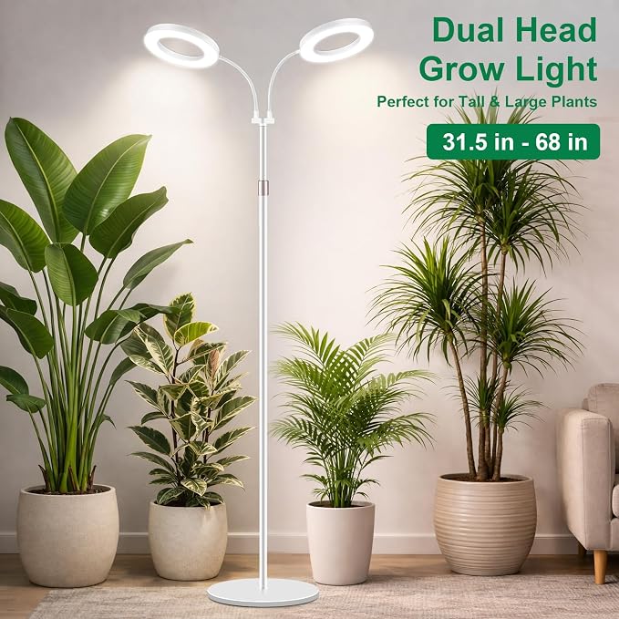 LBW Dual Head Grow Light with Stand for Indoor Plants, Full Spectrum Grow Light for Multiple Tall Plants, Adjustable Height up to 68", Auto Cycle Timer 6/8/12/16H, 5-Level Dimmable, 3 Lighting Modes