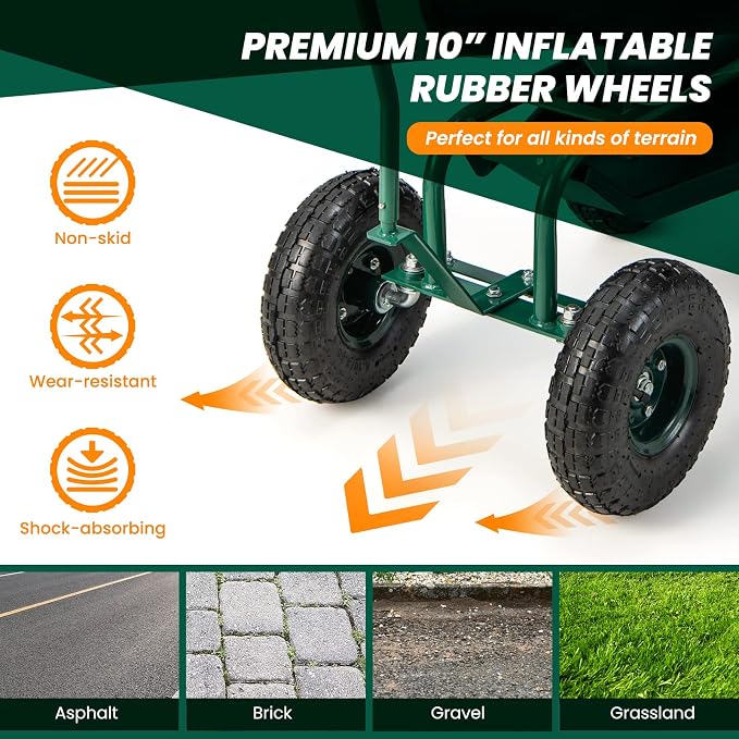 Giantex Garden Cart, Rolling Workseat with 4 Wheels, Tool Tray, Removable Cushion, Storage Basket, 2 Handles, Adjustable Height & 360 Swivel Work Seat, Gardening Stool for Patio Lawn Garden Yard