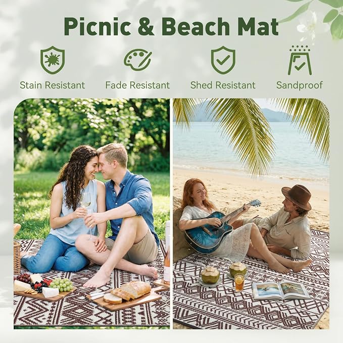 MontVoo Outdoor Rug 8x10 Waterproof Outdoor Patio Rug Mat Reverisble Plastic Straw Outdoor Rug for RV Camping Picnic Beach Balcony Boho Beige Brown