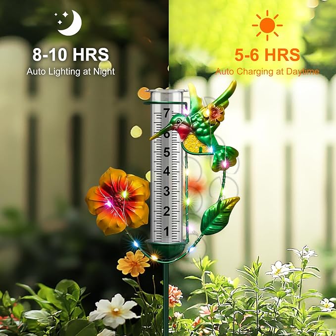 shumi Rain Gauge Outdoor - Solar Hummingbird Rain Gauges with LED Solar Lights, Freeze Proof Adjustable Height, Metal Water Gauge for Yard Garden Decor, Gardening Gifts for Women