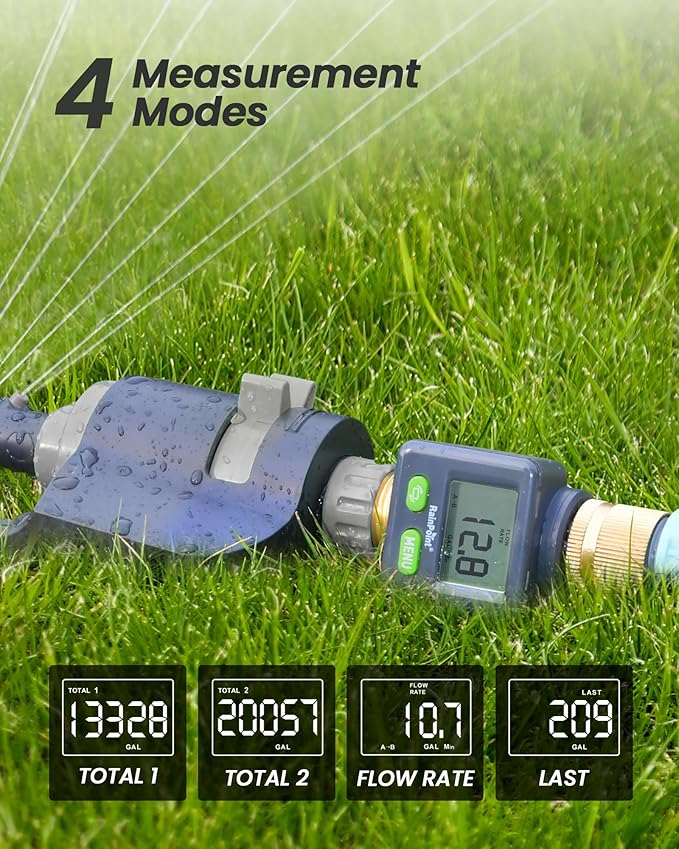 RAINPOINT Water Flow Meter with Brass Inlet & Outlet, 180° Screen-Flip Water Meter, Measure Gallon/Liter Consumption for RV Filling, Garden Watering, Sprinkler and Hoze Nozzle
