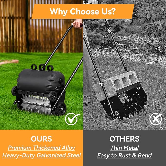 Push Spike Aerator, Heavy Duty Lawn Aerator with 4 Wheels, Rolling Manual Yard Tool with Weight Tray and Steel Handle for Compacted Soil, Garden and Grass Maintenance (22.5-Inch)