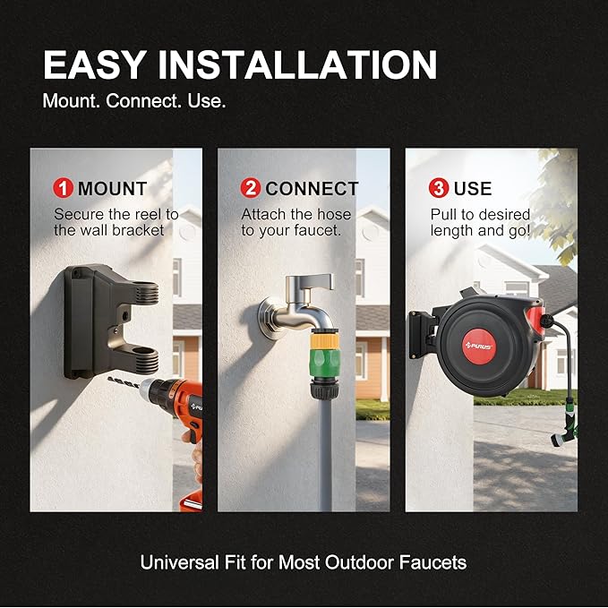 PURUS Retractable Garden Hose Reel,1/2 in x 100 ft Wall Mounted Hose Reel, with 8- Function Sprayer Nozzle, Any Length Lock, Smooth Retraction, Wall Mounted, 180°Swivel Bracket
