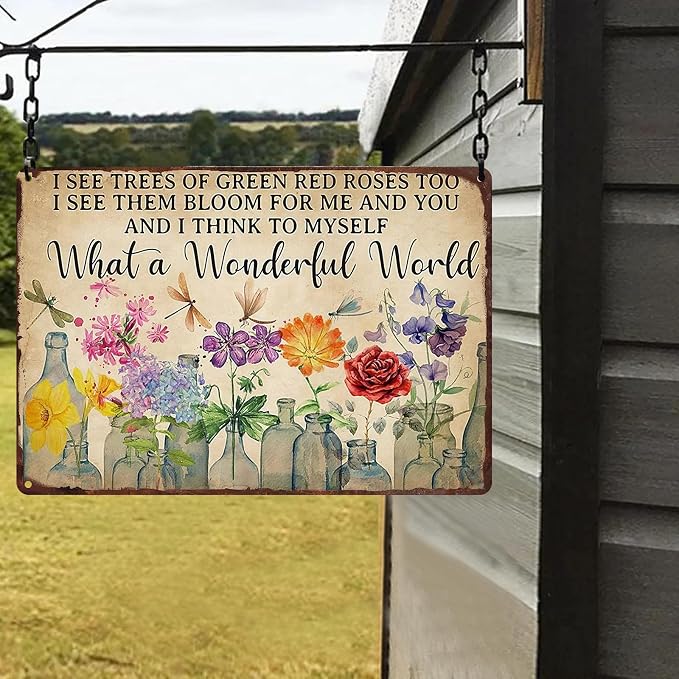 Gardening Sign What A Wonderful World Vintage Flower Tin Plate Sign for Outdoor Garden Greenhouse Yard 8x12 Inch