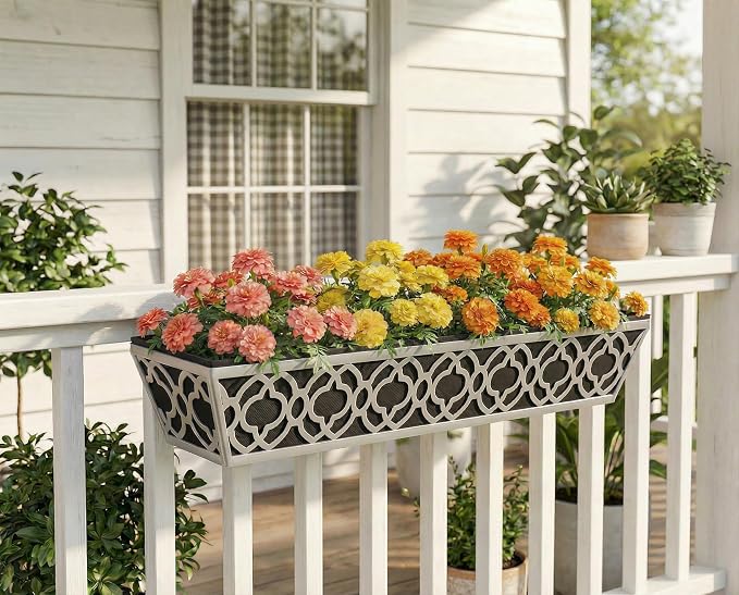 Y&M 4Pack 30'' Metal Railing Planter Box Set with Black Non-Woven Fabric Liner, Large Flower Boxes with Adjustable Brackets, Window Boxes Outdoor Hanging Planter for Fence, Deck, Balcony, and Garden