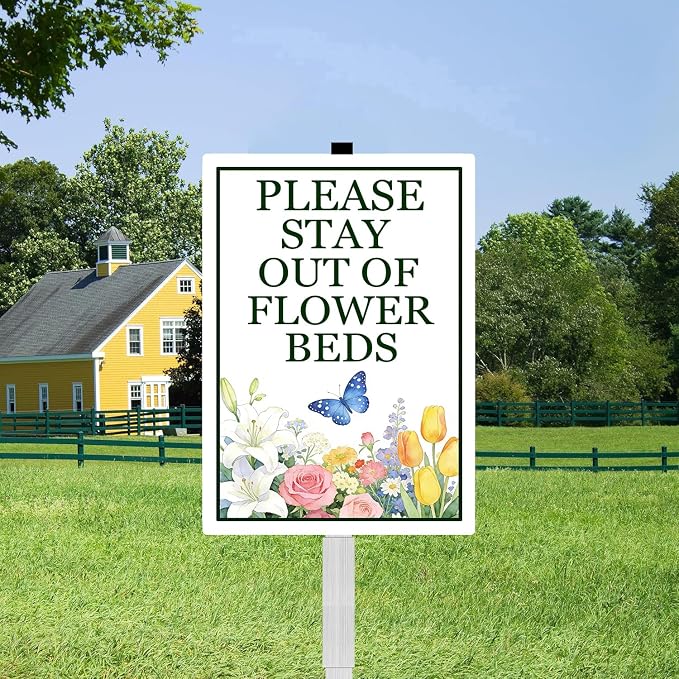 Please Stay Out Of Flower Beds Sign With Stakes Do Not Walk in Flower Bed Rustproof Reflective Aluminum Keep Off Pollinator Habitat Garden Yard Signs Outdoor 8x12 inches
