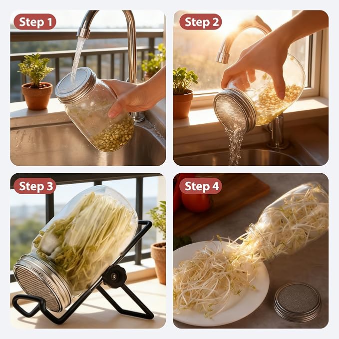 6 Pack Sprout Lids for Mason Jars Kit 316 Stainless Steel – 86mm Wide Mouth With 9 Mesh Filters & 4 Adjustable Stands – Easy Swap for Organic Broccoli, Alfalfa, Mung Bean Sprouts