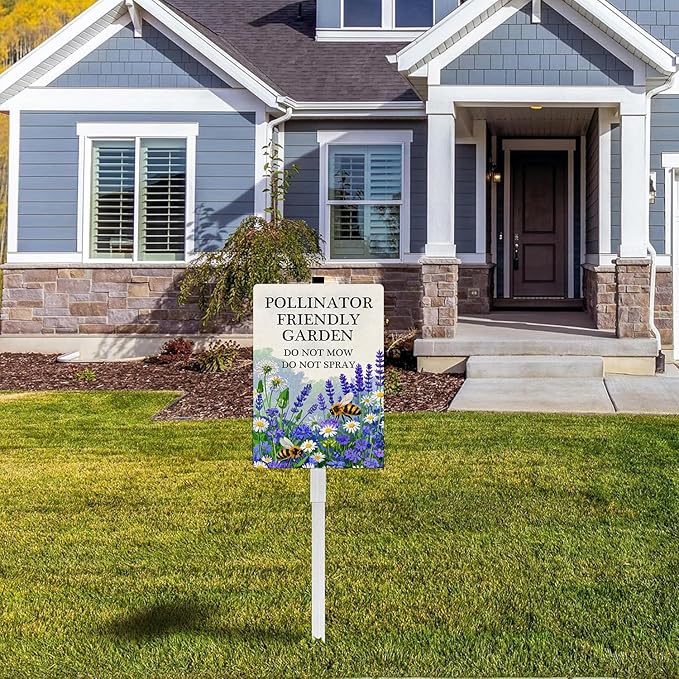 Pollinator Friendly Garden Do Not Mow Do Not Spray Yard Sign With Stakes No Mow Zone Bee Habitat Garden Stake Reflective Rustproof Aluminium No Mow May Signs Outdoor 8X12 IN