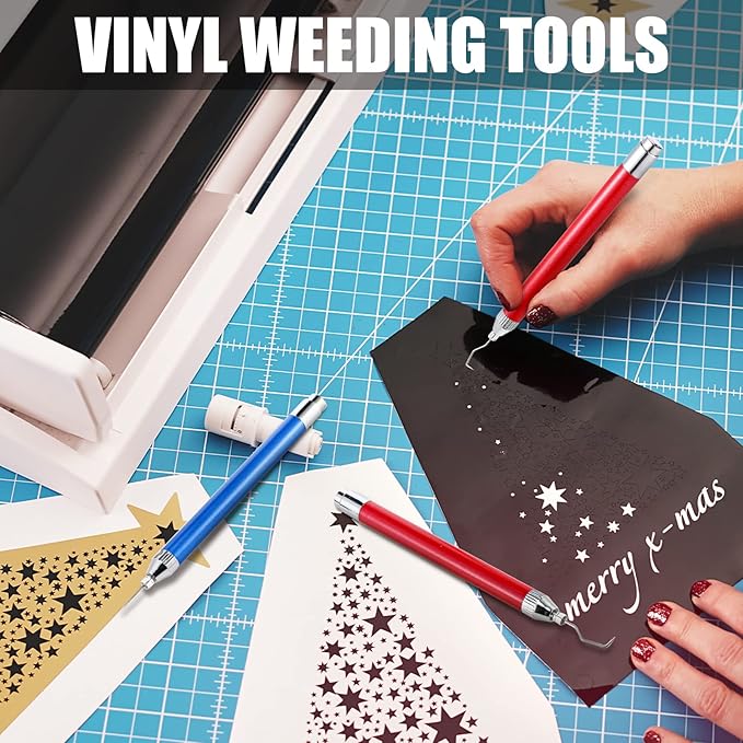 Therwen 2 Pcs LED Weeding Tools for Vinyl with Light Pin Hook Lighted Weeding Pen for Removing Iron on Tiny Vinyl Paper Silhouette Cutting Machines Supply(Red, Blue)