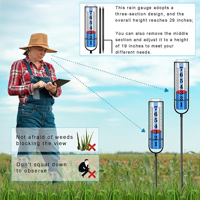 Rain Gauge Outdoor, Rain Gauges Outdoors Best Rated, Accurate Rain Measure Gauge for Garden, Thickened Tube Rain Meter with Stake, Adjustable Height & Large Font Water Gauge for Rain, Easy to Read
