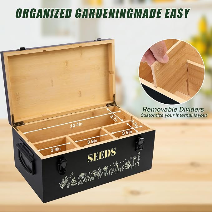 Large Seed Storage Organizer Box with Handle, Bamboo Wood Seed Packet Storage, Seed Holder Organizer, Seed Saving Box with Safety Lock, Seed Envelopes and Labels, Great Gifts for Gardener