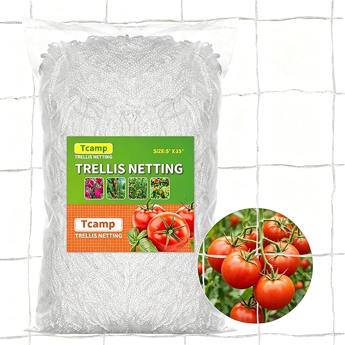 Tcamp Heavy-Duty Polyester Garden Trellis Netting Plant Climbing Net for Growing Vines Plants Vegetables Fruits Flowers, White Grow Tent (5Ft x15Ft, 3.5" Opening Mesh, 1 Pack)