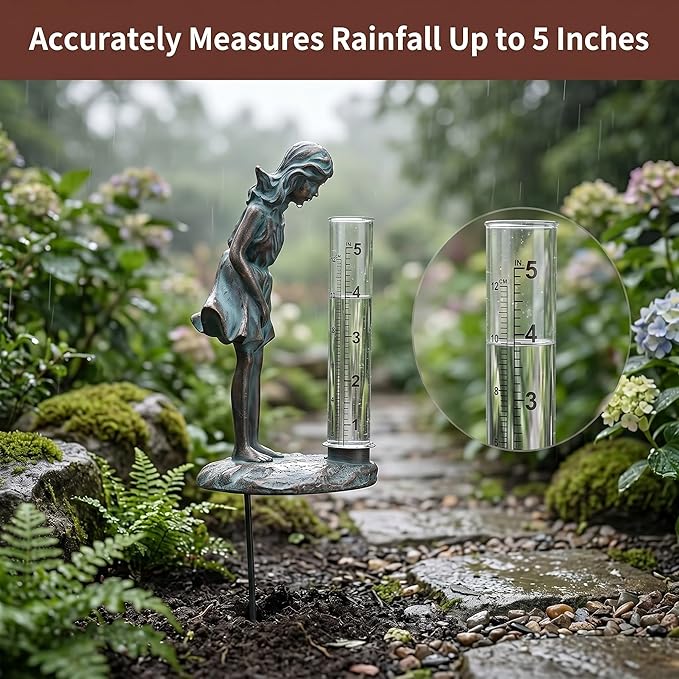 Topadorn Rain Gauge Stake Outdoor, Decorative Girl Garden Statue with 5 Inch Clear Rainfall Tube, Weather Resistant Resin Rain Gauge for Yard, Lawn and Flower Beds