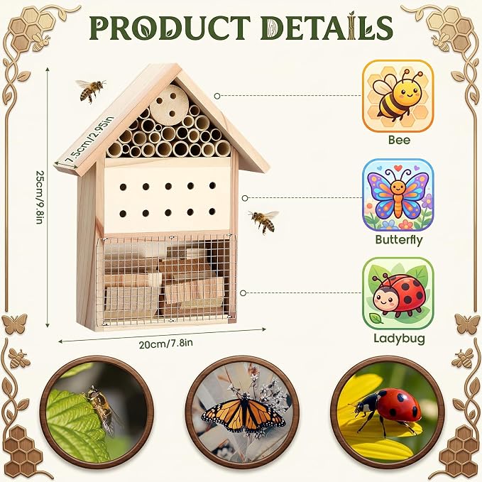 2 Pcs Wooden Bee Houses for Garden Insect Hotel for Ladybug, Mason Bee, Bugs Outdoor Hanging Natural Beneficial Insect Habitat for Garden and Yard, 9.8 x 7.8 x 2.95 Inch