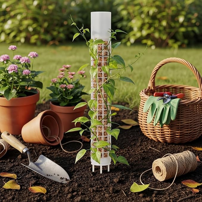 4 Pack Self-Watering Plastic Moss Stake for Monstera Plant Support Multi-Size Stackable and Refillable Plastic Moss Stakes for Climbing Plants with Large Mesh Design