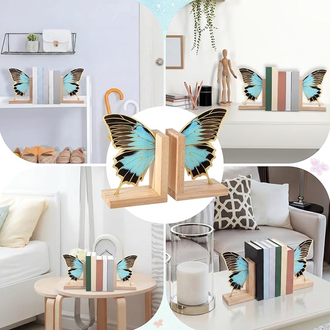 Decorative Butterfly Bookends Wooden Acrylic Butterflys Bookend Modern Bookshelf Decor Accent Book Stopper Decor for Home Farmhouse Shelves Office Lover Gift(Blue Butterfly)