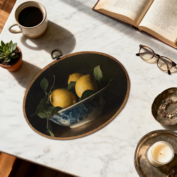 DOFQZ Dark Academia Lemon Oval Wall Art Decor, Vintage Moody Lemon Framed Wall Art, Rustic Farmhouse Fruit Walls Hanging Decor for Kitchen Dining Room Bedroom Home, 11.5x8.5 Inch