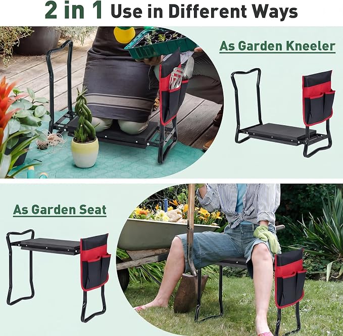 Giantex Garden Kneeler & Seat, Folding Gardening Stool, Portable Garden Bench with EVA Foam Pad, Heavy-Duty Metal Frame, Gardening Tool for Women Men Seniors, Holds 330 LBS, Black (with 1 Bags)