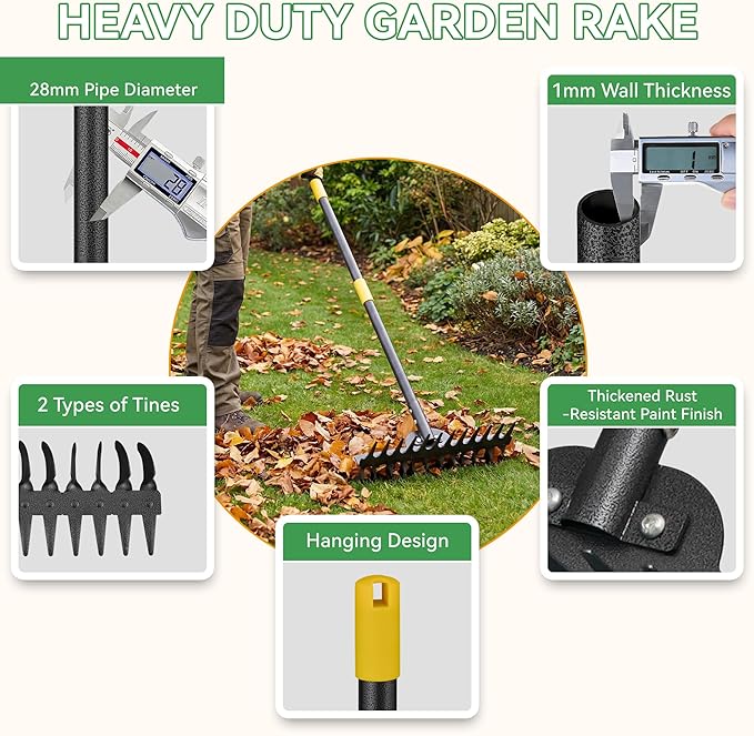 Metal Garden Rake Heavy Duty, 62" Adjustable Handle Bow Rake Dual-Sided Dethatching Thatch Rakes Garden Tool for Rock Leaves Lawns Landscape Yard Gardening Loosening Soil