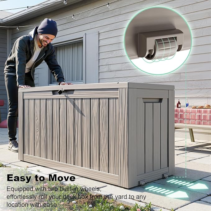 EasyUp 92 Gallon Reinforced Resin Deck Box – Waterproof & UV-Resistant Outdoor Storage, Large Capacity Patio Storage Bin for Furniture Cushions, Throw Pillows, Garden Tools, Pool Floats, Gray