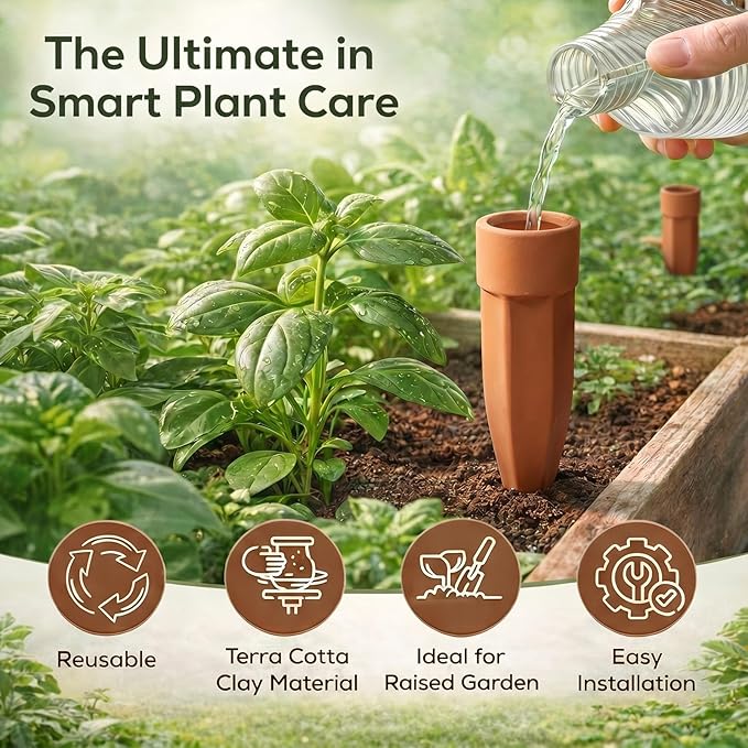Honeydak 6pcs Medium Terracotta Watering Spikes with Lids 5'' Automatic Plant Waterer Self Watering Stake Planter Insert Slow Release Device for Bottles 5-9'' Pot Plants Indoor Outdoor Garden Vacation