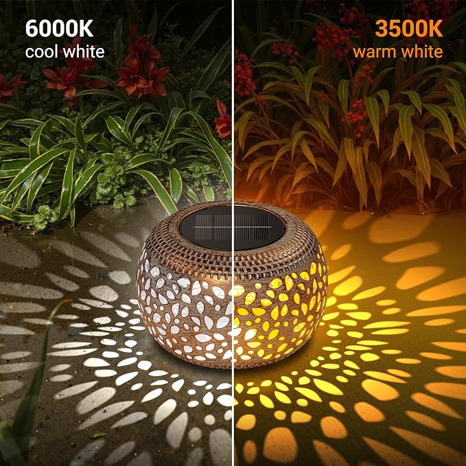 Solar Lanterns Outdoor Waterproof: 2 Pack LED Lamps for Patio - White Hollowed-Out Metal Retro Solar Light Decor Gift for Women Mom Mothers Day Yard Garden Balcony Indoor Desk Tabletop Decorations