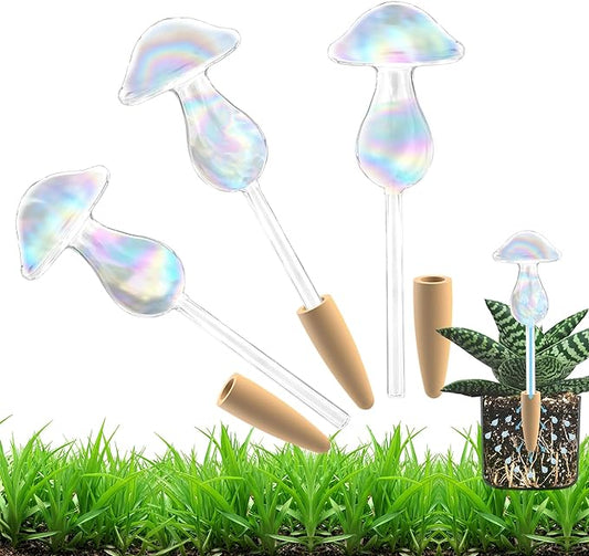 HyJeryty Non-Clogging Iridescent 3 Pack Mushroom Plant Watering Globes with Terracotta Spikes, Hand Blown Glass Self Watering Planter Insert Plant Watering Devices Bulbs for Indoor and Outdoor Plants