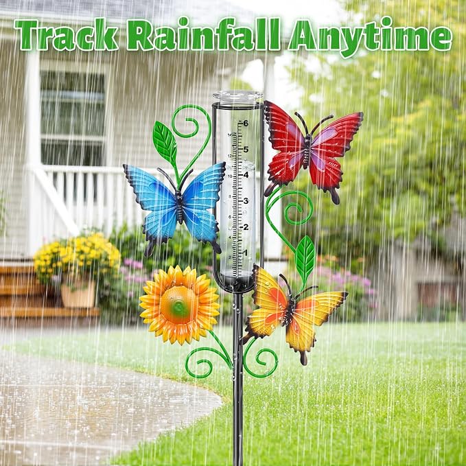 35.4" Butterfly Rain Gauge Outdoor, Metal Rain Gauges Stake with 6“ Glass Tube, Decorative Rain Gauges for Yard Garden Lawn for Precipitation Measurement
