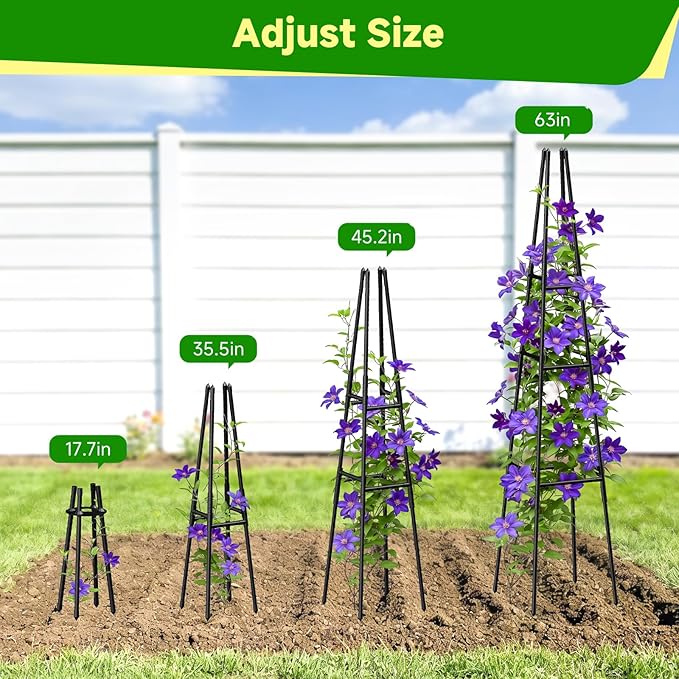 Garden Obelisk Trellis for Climbing Plants Outdoor, 63 Inch Height Adjustable Gardening Trellis, Steel Plastic Coated Plant Support for Indoor & Outdoor Multiple Climbing Plants(1PCS)
