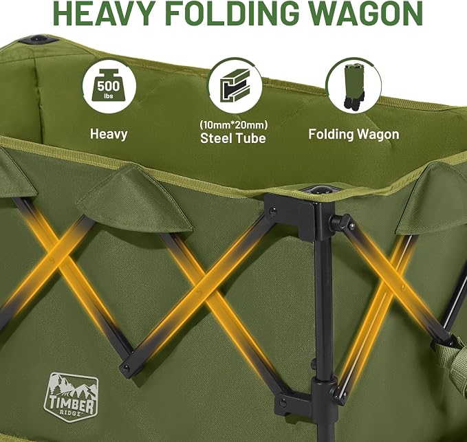 TIMBER RIDGE Outdoor Collapsible Folding Wagon with Brakes and Cup Holders, 500lbs Heavy Duty All Terrain Wheels Utility Cart for Shopping Camping Garden Sports, Green