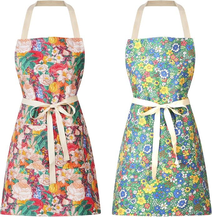 DILLMAN 2 Pack Floral Aprons with Pocket Blooming Womens Waterproof Adjustable Cooking Aprons Kitchen Gardening Salon
