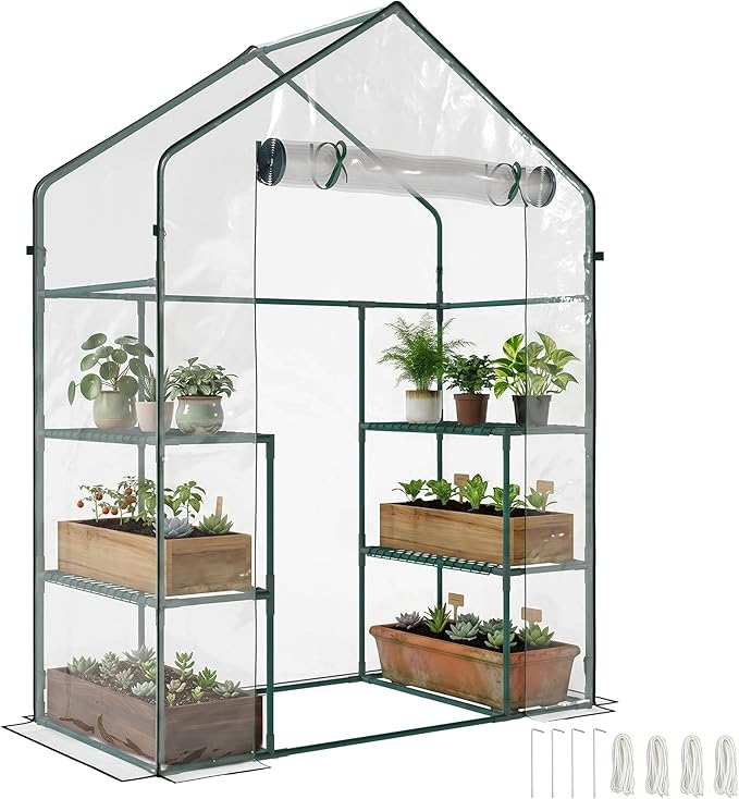 Outsunny 5' x 2.5' x 6.5' Mini Walk-in Greenhouse Kit, Portable Green House with 3 Tier Shelves, Roll-Up Door, and Weatherized Plastic Cover for Backyard Garden, Clear