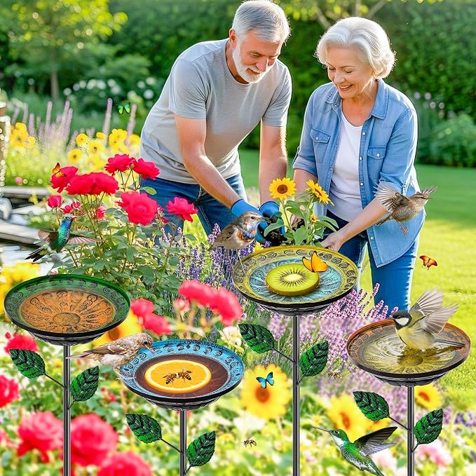 4 PCS Metal Bird Baths for Outdoors, Small Garden Bird Bath with Metal Stake, Hummingbird Feeder for Yard Lawn Decoration (Retro Double Color Splicing)