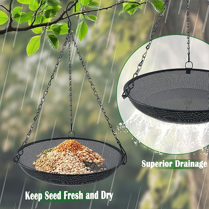 Hanging Platform Bird Feeder, 12 in, Black | Metal Mesh Seed Tray, For Wild Birds, Outdoor Use