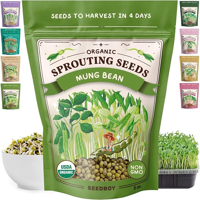 Seedboy Organic Non-GMO Mung Bean Seeds for Sprouting - Microgreens Sprouting Seeds - 8 oz Bag Makes 6 Quarts / 24 Servings (Mung Bean)