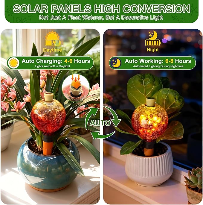 SAVENNA Crackle Glass Plant Watering Globe with Terracotta Spike,Self-Watering Irrigation for Potted Plants, with Solar Accent Light for Indoor & Outdoor Décor, 17oz, Gold–Red Gradient