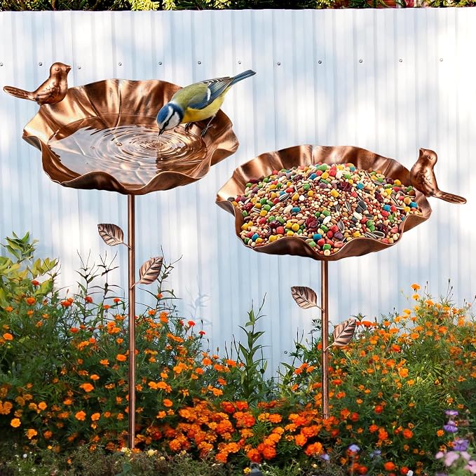 Bird Feeders for Outdoors, 28 Inches Metal Birdbath, Docorative Hummingbird Feeders & Bird Bath for Outside, Vintage Decor for Garden Yard Patio Lawn, 2 PCS, Bronze