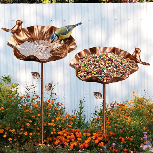 Bird Feeders for Outdoors, 28 Inches Metal Birdbath, Docorative Hummingbird Feeders & Bird Bath for Outside, Vintage Decor for Garden Yard Patio Lawn, 2 PCS, Bronze