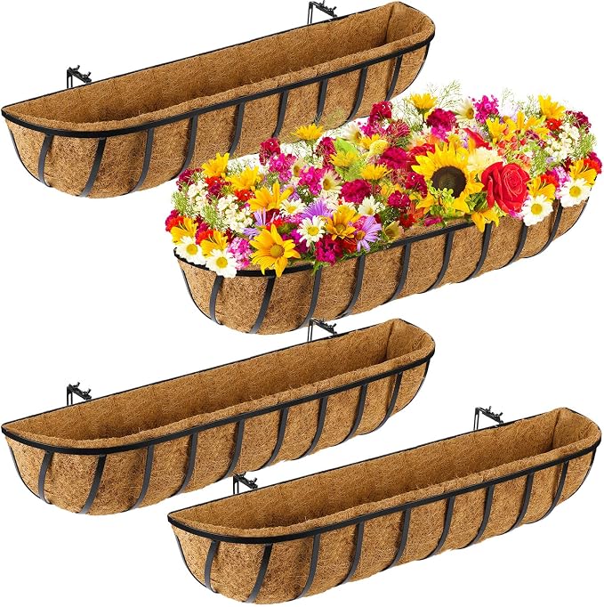 Tessco for you 4 Pieces Railing Planter Boxes, 36 Inches Window Box Planters with Coco Liner and Adjustable Brackets for Deck Porch Fence Patio Balcony Gardening Outdoor Plants