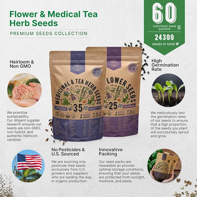 35 Medicinal & Tea Herb Seeds and 25 Edible Flower Seeds Variety Pack Bundle, 24,300+ Non-GMO Heirloom Garden Seeds for Planting Flowers and Herbs for Indoor & Outdoor Gardening