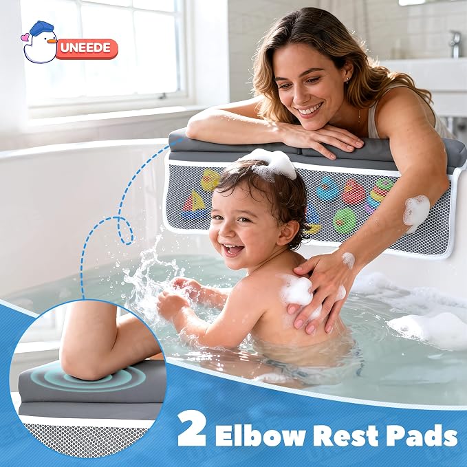 UNEEDE Baby Bath Kneeler and Elbow Rest Pad Set, 1.5” Thick Memory Foam Bath Kneeling Pad with Elbow Support, Bathtub Mat with Toy Organizer for Bathing Infant or Toddler, Grey
